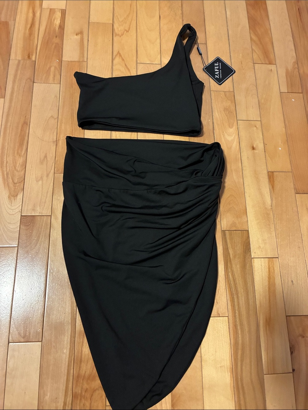 Zaful Black One-Shoulder Crop Top and Draped Skirt Set